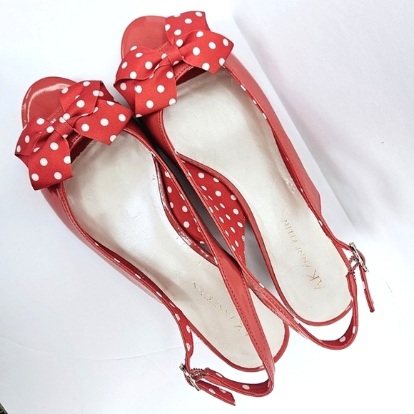 Anne Klein Wwns Beverley Red Patent Leather White Polka Dot Bow Wedge Sandals 8 - Picture 4 of 12